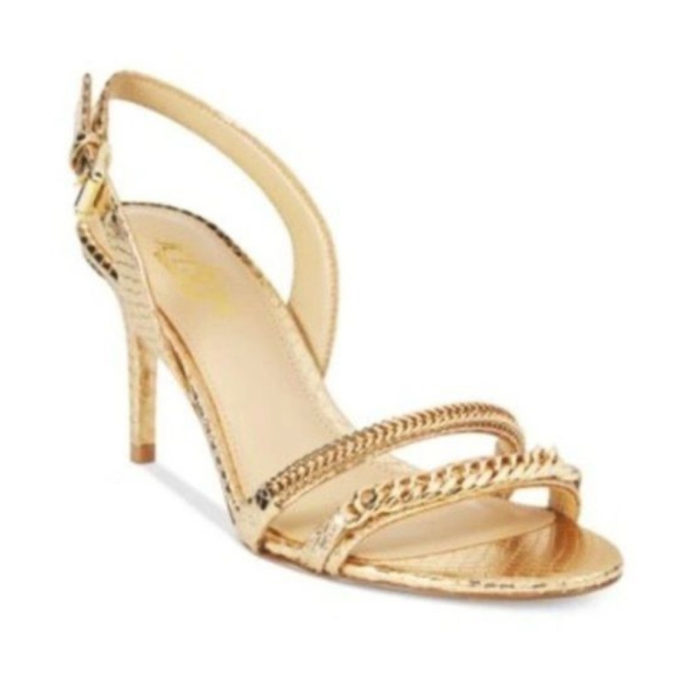Michael Kors Jackie Gold Chain Snake Skin Sandals Heels Women’s Size 7 - Picture 2 of 5